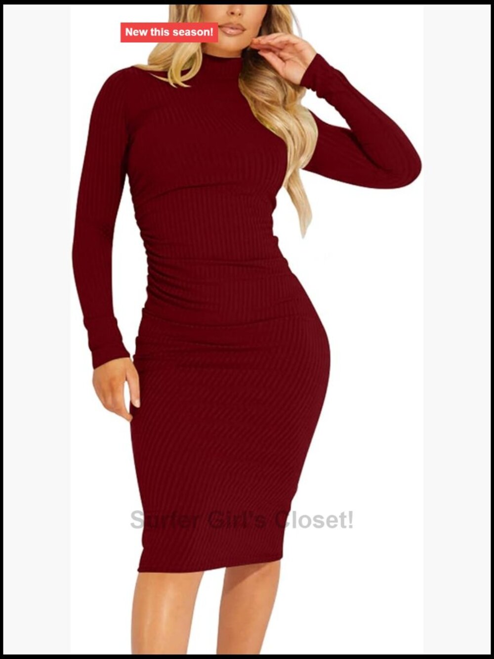 Ribbed Knit Bodycon Ruched Midi Dress Long Sleeve High Neck Club Party